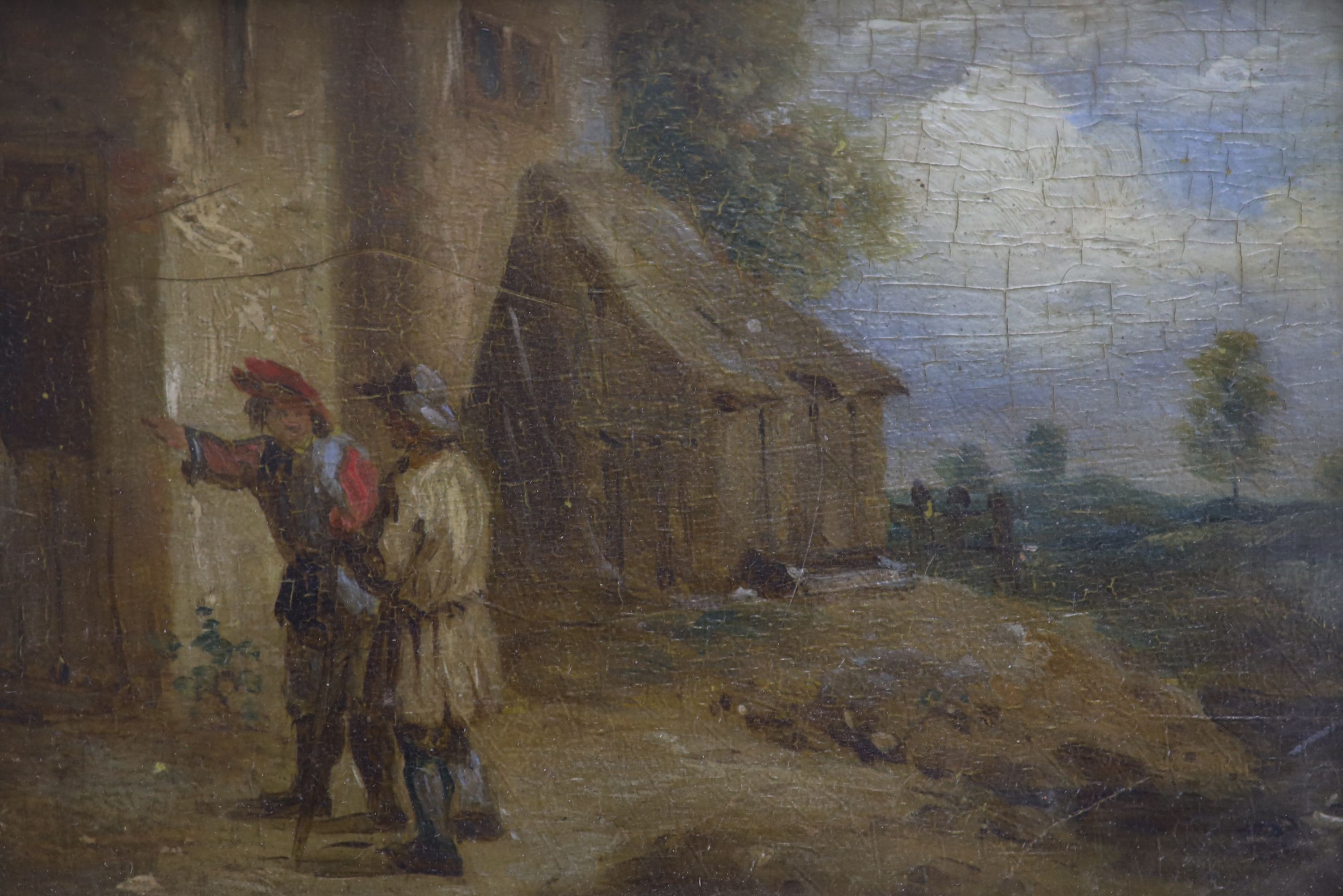 After Van Ostade, oil on wooden panel, Peasants beside a cottage, 8 x 12cm